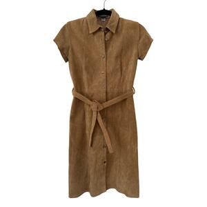 VTG Banana Republic Brown Leather Short Sleeve Midi Button Down Belted Dress-XS